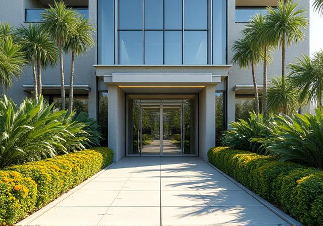 Manicured entrance for commercial building with tropical plants