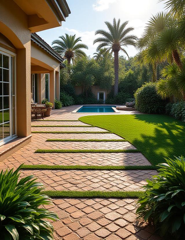 Residential backyard oasis with intricate pavers and lush St. Augustine grass