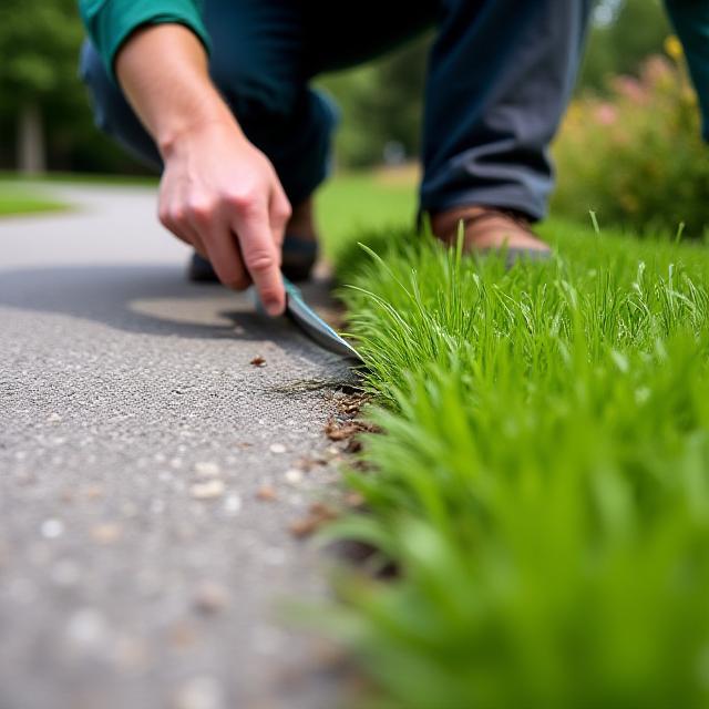 Professional landscaper edging a concrete walkway