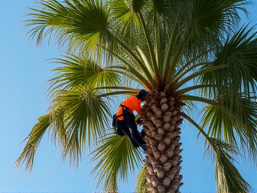 Palm tree canopy safety thinning